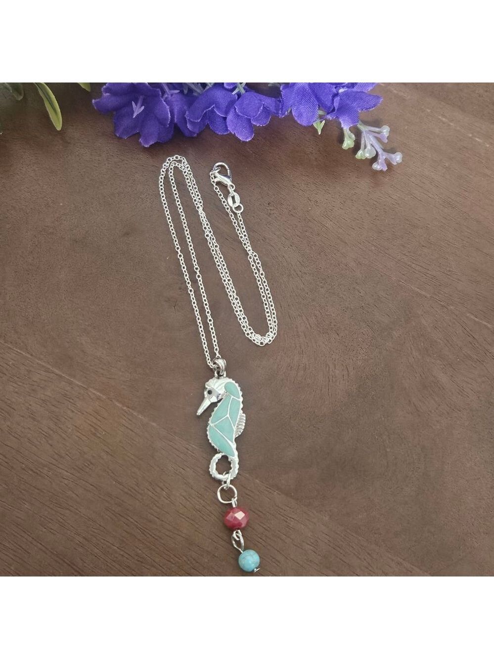 Seahorse Turquoise/Red Glass Bead Pendant Necklace